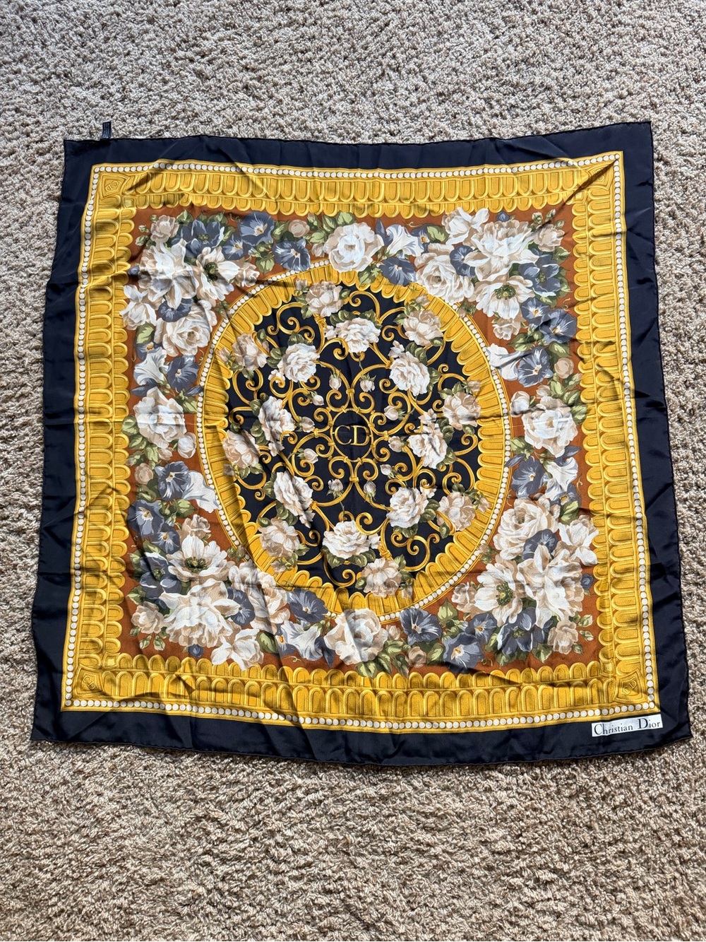 Christian Dior Floral Silk Scarf in Black, Gold, White
